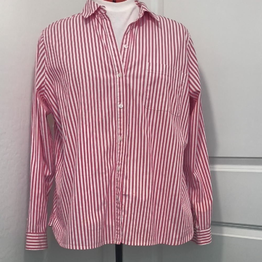Croft and Barrow Pink and White Striped Women's Long Sleeve Button Down Top XXL